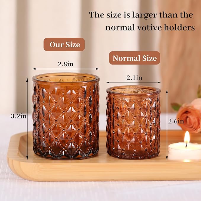 12Pcs Large Votive Candle Holders 2.8 * 3.2in Amber Tea Light Candle Holders Glass Candle Holder for Wedding Table Centerpiece, Home Decor, Birdal Shower, Party, Fall Decor