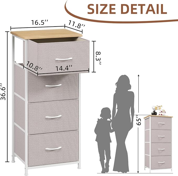 Somdot Dresser for Bedroom with 4 Drawers, Storage Organizer Chest of Drawers with Removable Fabric Bins for Closet Bedside Living Room Laundry Entryway Hallway, Ash Grey