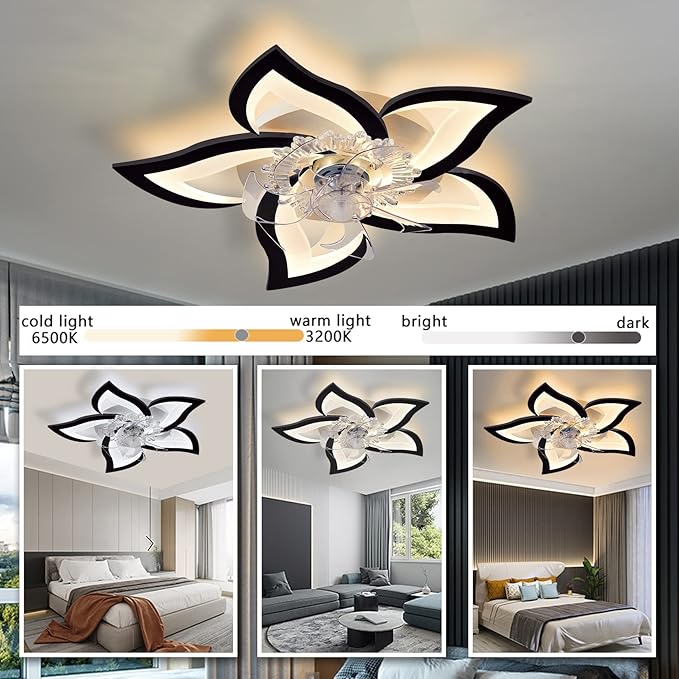Low Profile Ceiling Fans with Lights,27.2” Black Modern Dimmable Flower Shape Ceiling Light Fan with Remote Control/app Control,Timing 6 Gear Speeds Fan Ceiling Lamp.