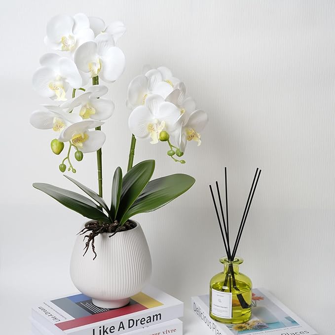 Orchid Artificial Orchids Flowers with Vase White Phalaenopsis Plant Silk Faux Orchids Fake Flowers Arrangements for Home Decoration Living Room Office Bedroom Bathroom Kitchen Dining Room