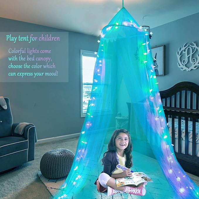 Obrecis Pink Bed Canopy for Girls, Bedroom Decor Princess Canopy Bed Curtain with Lights, 100 LED Star Fairy String Lights Hanging Dome Bed Tent with Remote for Twin to King Size Bed