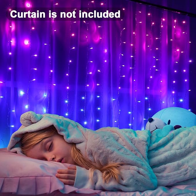 Pink Purple & Blue Ombre Fairy Curtain Lights with Dimmer Switch, Ombre Rainbow LED Icicle String Curtain Lights for Girls Room, Bedroom, Teen Room, Kids Room, Wedding, Christmas Gift, Mermaid Décor