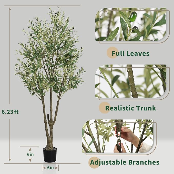 Faux Olive Tree 6ft(74in) Tall Artificial Plant Indoor Decor Large Realistic Potted Fake Modern Greenery with Natural Wood Branches and Green Leaves for Home Living Room,Bedroom,Office Decor.