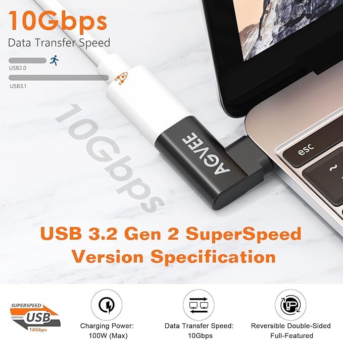 AGVEE 4 Pack Side Angle 90 Degree USB-C Male to USB-C Right Angled Female Adapter (Type-C 3.2 Gen 2) Converter Video Type-C 10G Data Extension Coupler Converter Connector, Black