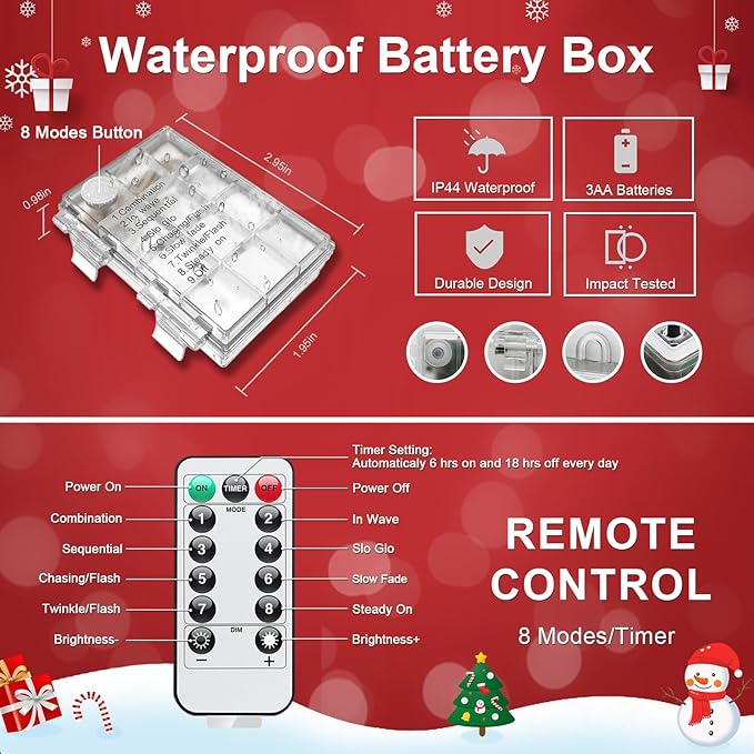 JMEXSUSS 2 Pack Rope Lights Battery Operated Christmas Lights Outdoor Waterproof, Total 200LED 66ft 8Mode Battery Powered String Lights with Remote, Red and White Rope Lights for Christmas Decor