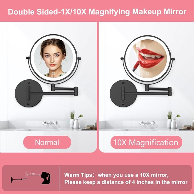 Rechargeable Wall Mounted Lighted Makeup Mirror, 8" Double-Sided Magnifying Vanity Mirror 1X/10X, 3 Color Touch Screen Dimmable Shaving Mirror, 360° Rotation Foldable Bathroom Mirror, Black