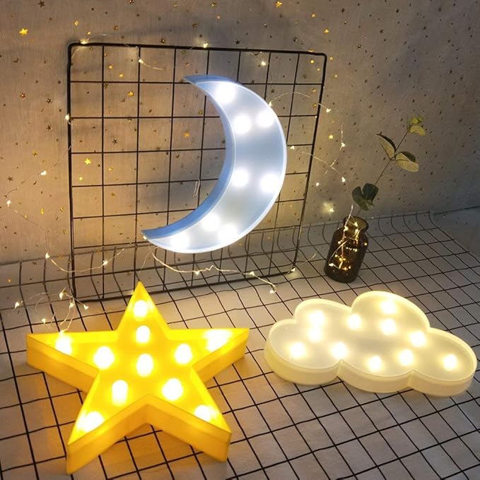3PCS Decorative LED Crescent Moon Cloud and Star Night Lights Lamps Marquee Signs Letters for Baby Nursery Decorations Gifts for Children (Moon Cloud and Star)