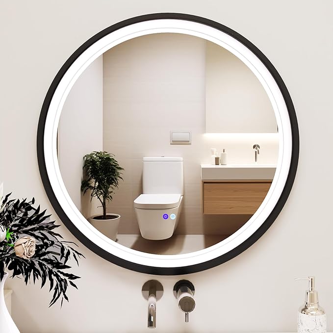 Round LED Bathroom Mirror with Lights, Front Lit Makeup Mirror, Anti-Fog, 3 Colors and Dimmable Light, 36 Inchs Black