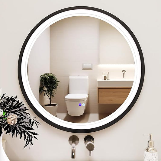 Round LED Bathroom Mirror with Lights, Front Lit Makeup Mirror, Anti-Fog, 3 Colors and Dimmable Light, 36 Inchs Black