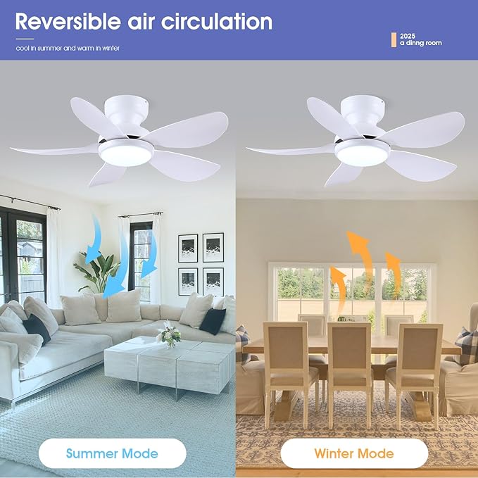 36 Inch Modern Ceiling Fans with Lights, Small Flush Mount Ceiling Fan with Light and Remote/APP Control, 5 Reversible 6 Speeds Curved Blades, 3 CCT Dimmable Lights for Bedroom, White