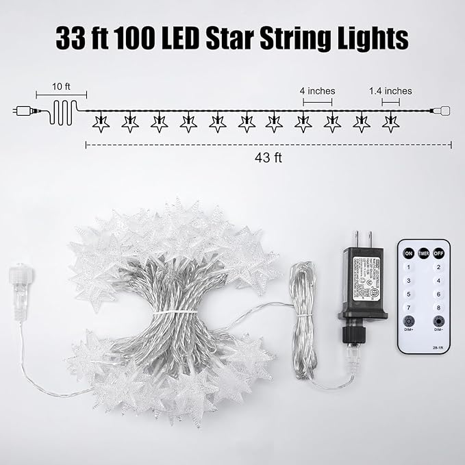 Star String Lights Plug in - 33 ft 100 LED Star Fairy String Lights with Remote and Timer, 8 Modes Waterproof for Bedroom Tent Loft Bed Window Backyard Patio Porch Balcony Staircase Party, White