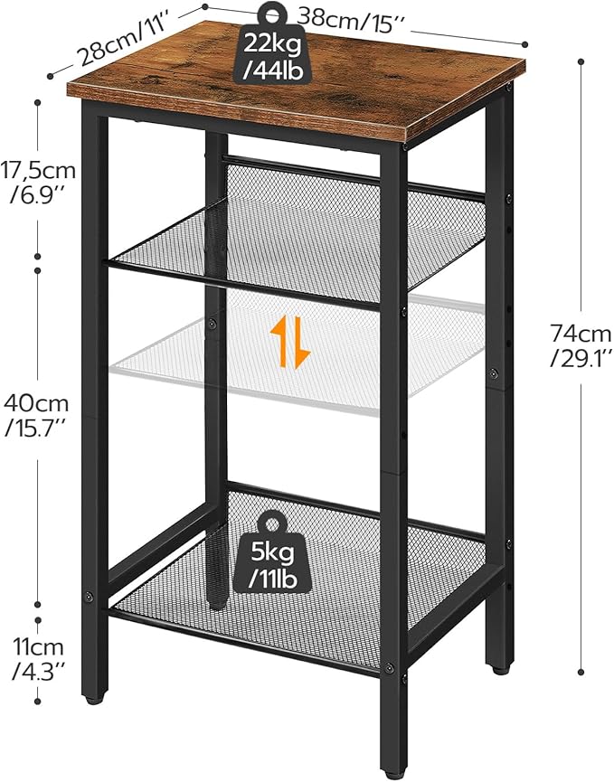 HOOBRO Side Table, 3-Tier Tall End Telephone Table with Adjustable Mesh Shelves, Small Entry Table for Living Room Bedroom Hallway or Office, Rustic Brown and Black BF01DH01G1