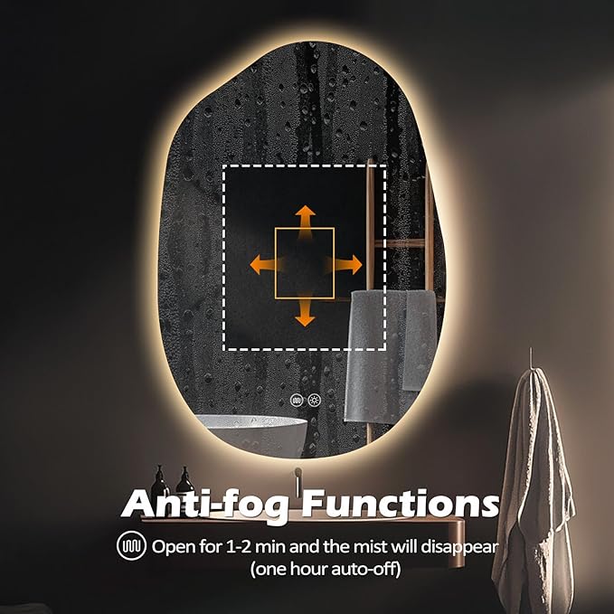 LED Bathroom Mirror with Lights 26x38, Stepless Dimmable Irregular Backlit Mirror with 3 Colors, Anti-Fog, Memory, Al-Alloy Lampshade, Frameless Vanity Mirror for Bathroom (Horizontal/Vertical)