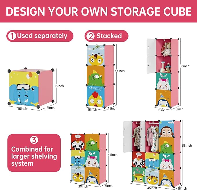 MAGINELS Children Wardrobe Kid Dresser Cute Baby Portable Closet Bedroom Armoire Clothes Hanging Storage Rack Cube Organizer,(Pink, 8 Cube & 2 Rod)