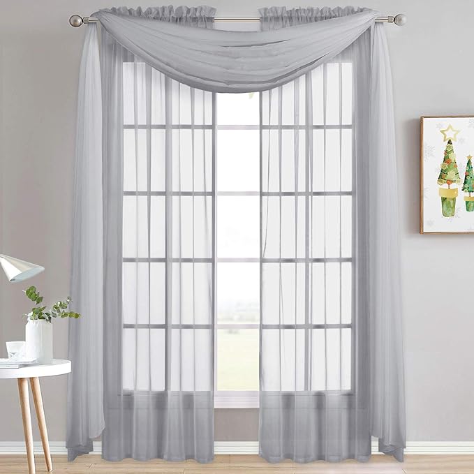 NICETOWN Sheer Window Scarfs W60 x L216 for Normcore Design, Voile Textured Sheer Curtains Easy to Concave Shape for Boys/Seniors, 2 Panels, Light Grey