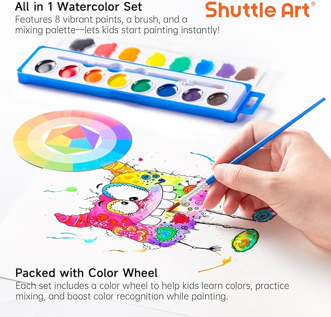 Shuttle Art 8 Colors Watercolor Paint Set, 24 Pack with Paint Brushes & Color Wheels, Washable for Kids & Adults, Suitable for Classroom, Parties, Kindergarten & Art Activities