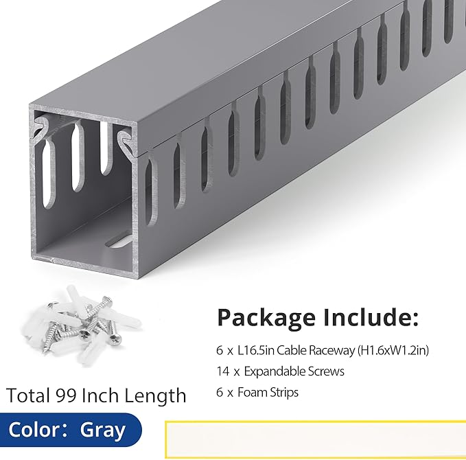 ZhiYo H1.6in W1.2in Professional Server Rack Cable Management Raceway, 99in (6X L16.5in) Cable Raceway Kit, Electrically Safe PVC Open Slot Wire Raceway for Under Desk/Computer/Network Cords, Grey