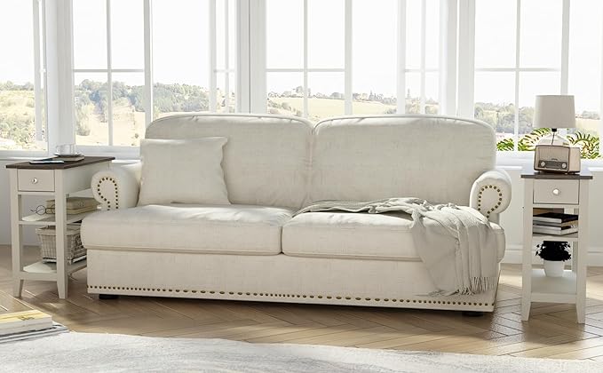ChooChoo Side Table Living Room, Narrow End Table with Drawer and Shelf, 3-Tier Sofa End Table for Small Space, White and Brown