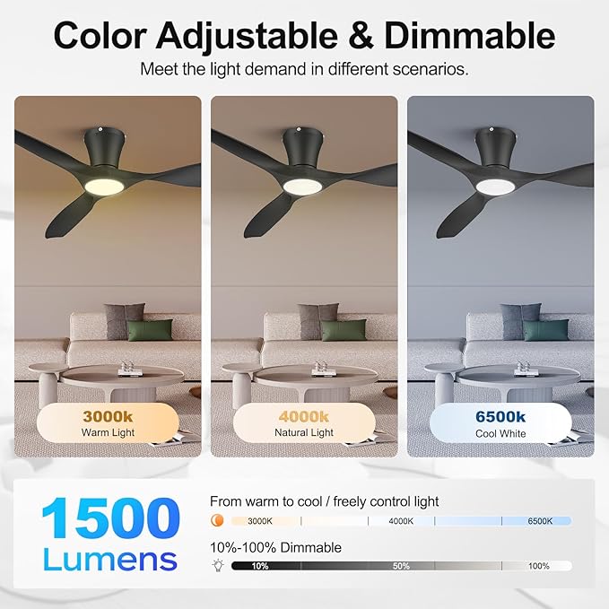 ocioc 52 inch Ceiling Fans with Lights and Remote, Dimmable Ceiling Fans with Reversible Quiet DC Motor, Flush Mount, 3CCT, Black Ceiling Fan for Bedroom Living Room Indoor/Outdoor