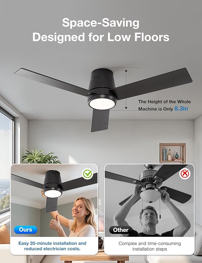 warmiplanet Ceiling Fans with Lights, 42 Inch Low Profile Ceiling Fan with Light and Remote/APP Control(2 Pack),Black,3 Blades