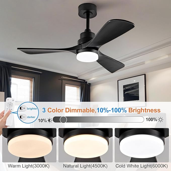 BOJUE 42 Inch Black Ceiling Fans with Lights and Remote,Dimmable LED Light,Quite Reversible DC Motor,Memory Function,Modern Solid Wood Indoor Outdoor Ceiling Fan with Light for Farmhouse Bedroom Patio
