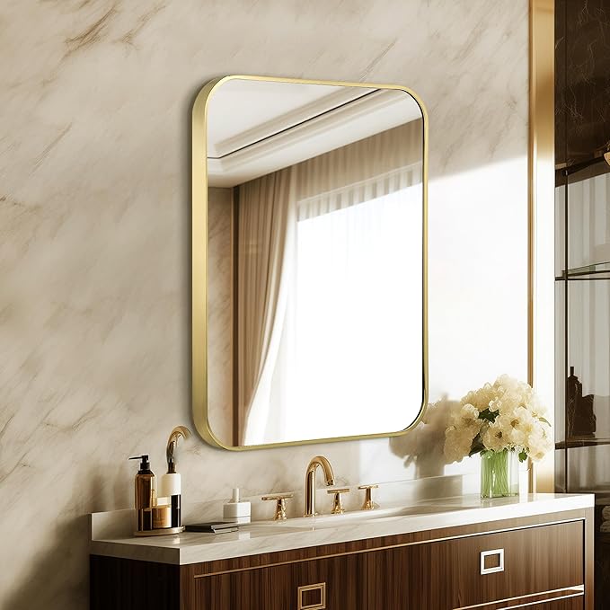 22"x30" Brushed French Gold Mirror for Wall, Bright Gold Rounded Rectangle Mirror with Metal Frame Hanging for Bathroom Entryway Vanity,Living Room,Bedroom,Vertical or Horizontal