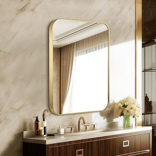 22"x30" Brushed French Gold Mirror for Wall, Bright Gold Rounded Rectangle Mirror with Metal Frame Hanging for Bathroom Entryway Vanity,Living Room,Bedroom,Vertical or Horizontal