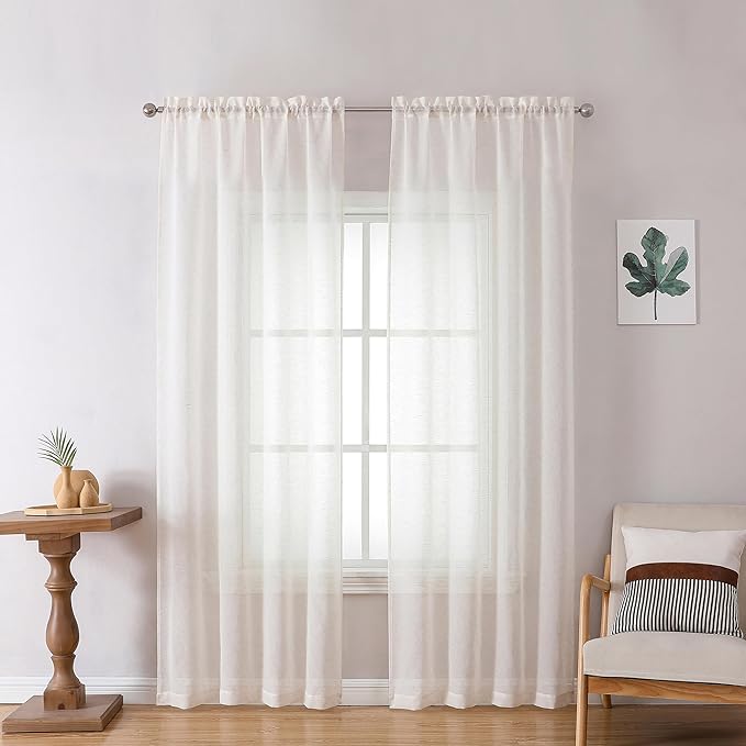 OWENIE Natural Linen Blend Sheer Curtains 72 inches Long 2 Panels Set for Bedroom, Light Filtering Farmhoues Door Curtain for Living Room Drapes, Each 40 W x 72 L