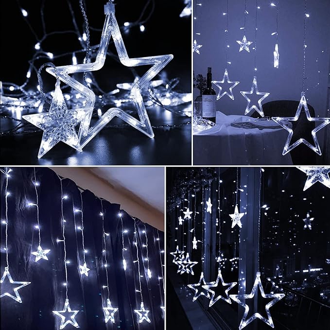Blingstar Star Curtain Lights - 138 LED 12 Star Lights, 8.2ft Extendable, 8 Modes, Remote, Cool White