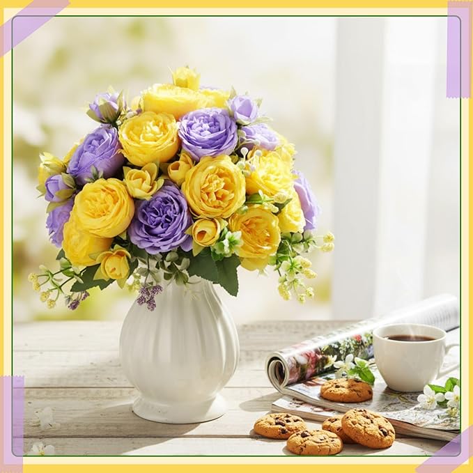 Geosar 16 Bundles Artificial Peonies Flowers Fake Silk Peony Bouquet Faux Peonies Flowers Bulk for Decoration Vase Floral Arrangements Wedding Party Table (Purple,Yellow)