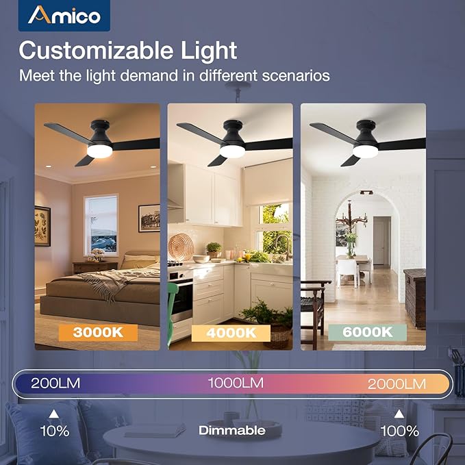 Amico Ceiling Fans with Lights, 42 inch Low Profile Ceiling fan with Light and Remote Control, Flush Mount, Reversible, 3CCT, Dimmable, Noiseless, Black Ceiling Fan for Bedroom, Indoor/Outdoor Use