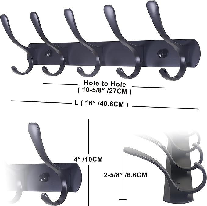 SKOLOO Modern Metal Wall Coat Rack with 5 Hooks, Pack of 2, Sturdy Wall Hook Rack for Hanging Coat, Jacket, Clothes, Hat, Matte Black