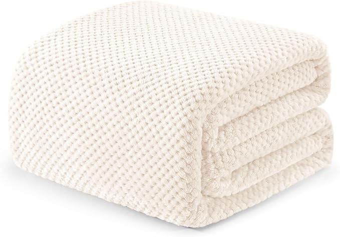 Exclusivo Mezcla Fleece Bed Blanket Queen Size, Super Soft and Warm Blankets for Couch, Sofa and Bed Waffle Textured, Cozy, Fuzzy and Lightweight (Ivory, 90x90 Inches)