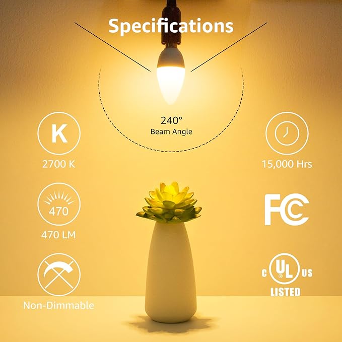 Lepro E12 LED Candelabra Light Bulbs, 5.5 watt, 40 watt Equivalent C37 B11 Ceiling Fan Bulb Chandelier Bulbs, 2700 Kelvin Warm White Type B Small Base Candle Lights, Frosted Plastic Shell, 6-Pack