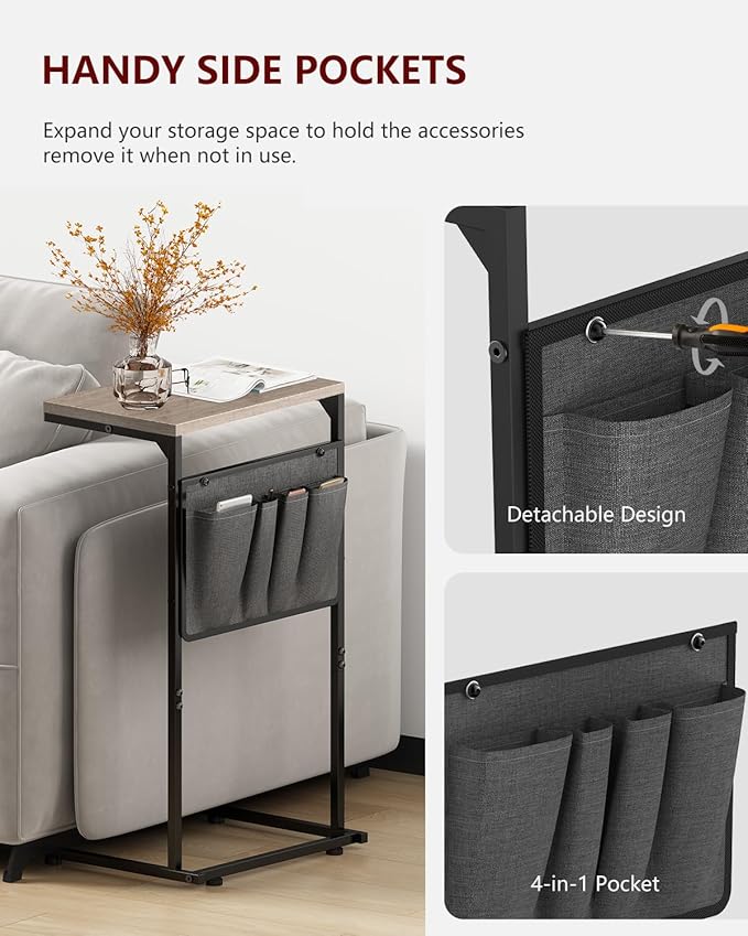 Vantic C Shaped End Table, Small Side Table for Couch and Recliner, Slide Under Sofa Tray Desk with Storage Bag for Living Room and Bedroom, Greige