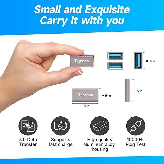USB Coupler 4 Pack, Aluminum Shell USB 3.0 Type-A Female to Female Extension Adapter Connector, Support 5Gbps Data Transfer and Fast Charge for Connecting Extend Two USB-A Male Ends Cable