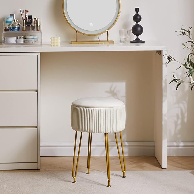 IBUYKE Velvet Storage Footrest Stool Ottoman, Makeup Vanity Stool Side Table with Golden Steel Legs Removable Cover, Coffee Table Top Cover, Creamy-White LG-20M