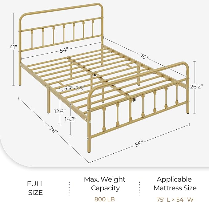 Yaheetech Classic Metal Platform Bed Frame Mattress Foundation with Victorian Style Iron-Art Headboard/Footboard/Under Bed Storage No Box Spring Needed Full Size Antique Gold