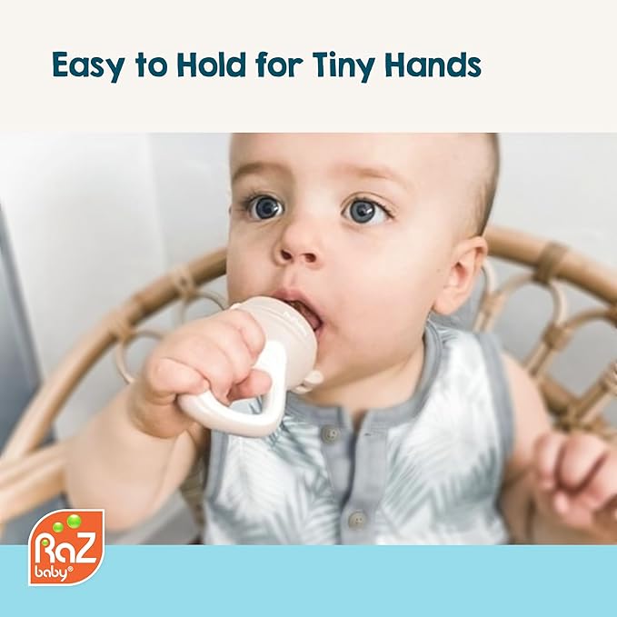 RaZbaby Baby Solids/Frozen Fruit Feeder Pacifier, Infant Teether Toy 6M+, BPA-Free Silicone Pouch & Nipple, Safely Introduce Solids, Natural Teething Relief, Dishwasher Safe, Freezable – Tan/White