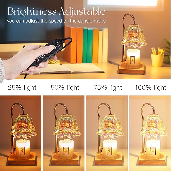 Candle Warmer Lamp with Timer: Iridescent Flower Candle Warming Lamp with 2 Bulbs Height Adjustable Wax Warmer Dimmable Home Decor Mom Birthday Gift for Women