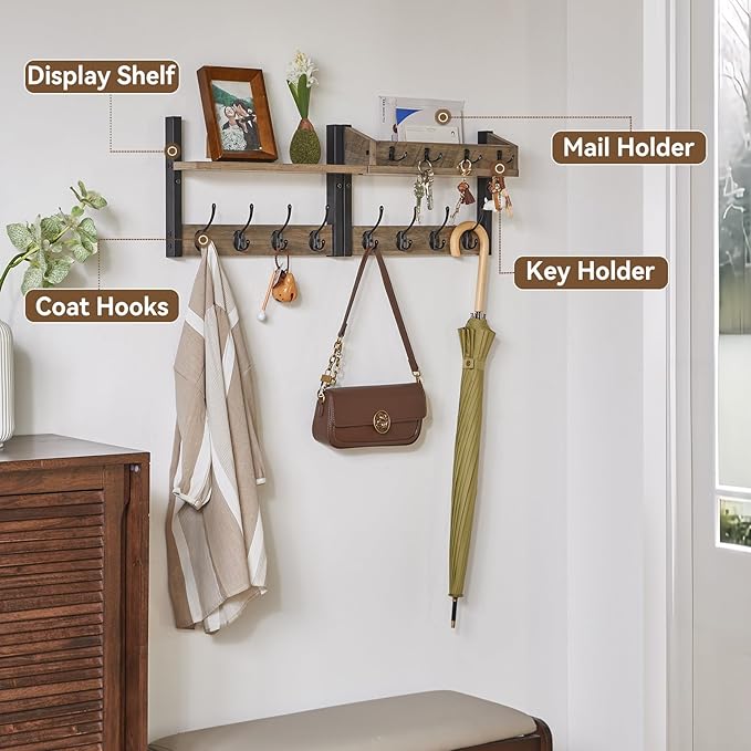 YMYNY 31.5" Coat Rack Wall Mount with Shelf, 4 in 1 Key and Coat Hanger with 12 Metal Hooks, Wall Shelf with Hooks & Mail Holder for Living Room, Bedroom, Silver Gray, HWS007Y-2