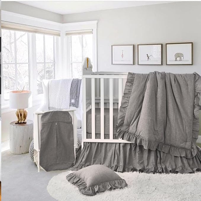 Brandream Crib Bedding Set 3 Pieces Ultra Soft 100% Cotton Bohemian Neutral Solid Grey Crib Comforter, Crib Sheet, Crib Skirt, Farmhouse Chic Ruffle Baby Girl Boys Nursery Bedding