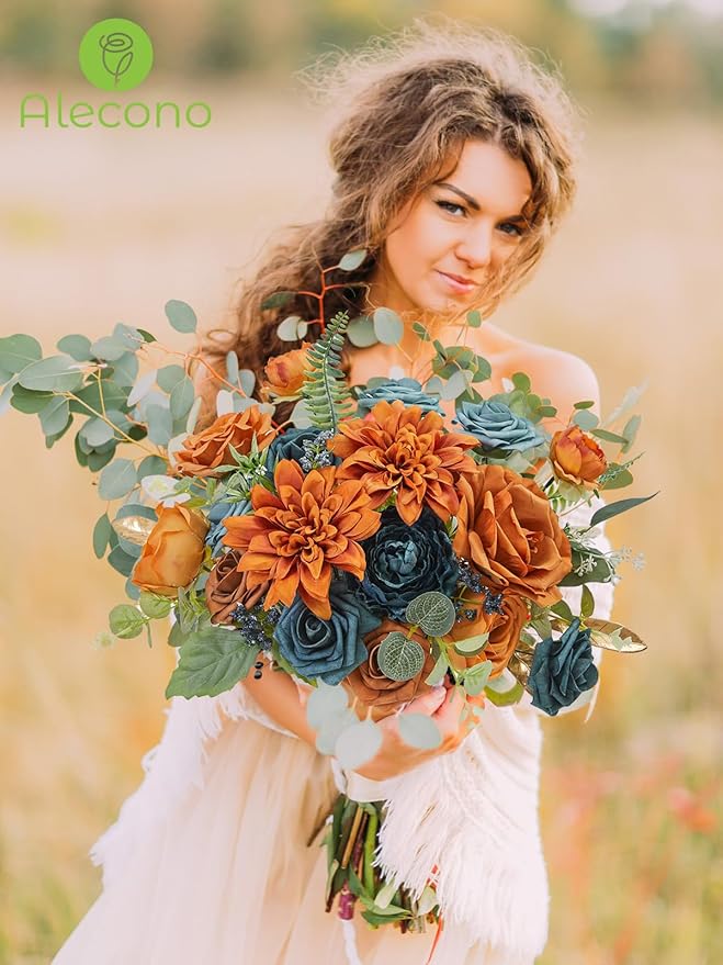 Alecono Artificial Flowers, Orange Fake Flowers for Fall Wedding Bouquets, Wedding Cake Flowers for Table Centerpieces Birthday Party Home Autumn Decor