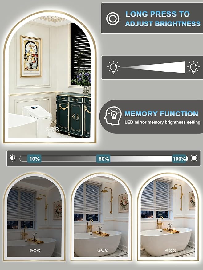 Gold Arch Mirror with Lights, 24x36 Inch Led Mirror for Bathroom, Wall-Mounted Mirror with Anti-Fog, Memory Function, 3 Color Temperature, Dimmable Led Bathroom Mirror