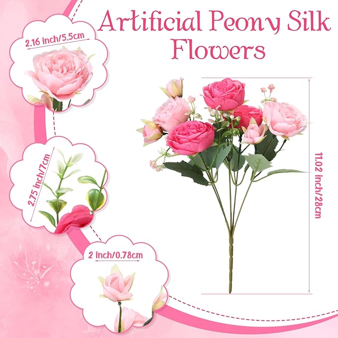 Geosar 8 Bundles Artificial Peonies Flowers Fake Silk Peony Bouquet Faux Peonies Flowers Bulk for Decoration Vase Floral Arrangements Wedding Party Table (Rose Pink,Light Pink)