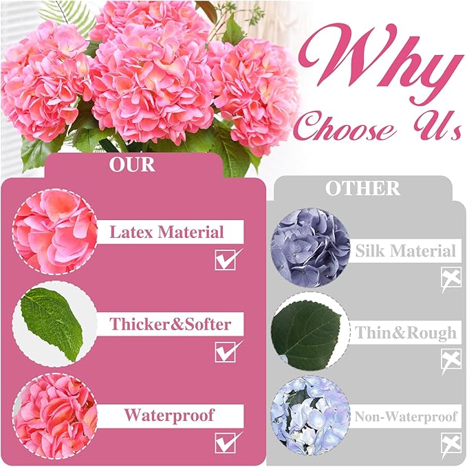 Nubry 22.44In Pink Hydrangea Artificial Flowers,4Pcs Latex Faux Real Touch Large Hydrangea Flowers with Long Stems & Leaves for Home Office Decor Wedding Party Arrangements(Pink)