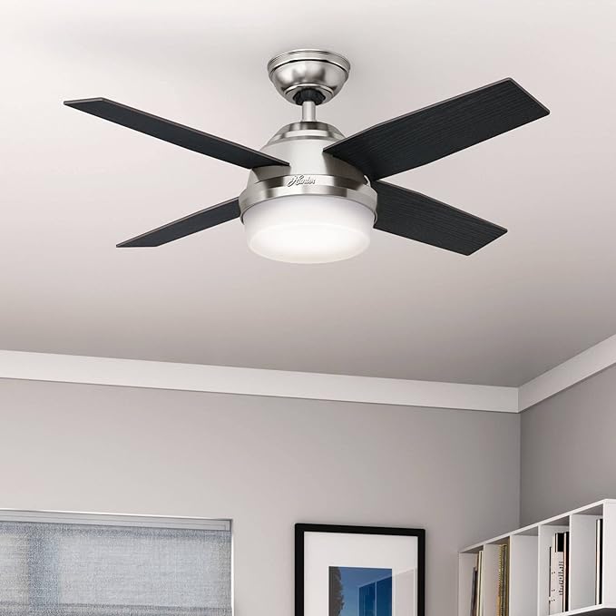 Hunter 44 inch Indoor Ceiling Fan with LED Light and Remote Control - Modern Ceiling Fan, Standard Mount, 4 Blades, For Bedroom, Living Room, or Kitchen, Quiet - Dempsey 59245, Brushed Nickel