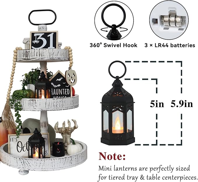 LLQ 12Pcs Mini Lanterns with Small LED Candle, Ramadan Lanterns Decorative Indoor, Vintage Black Lantern for Ramadan EID Decorations Halloween Christmas Wedding Table Centerpiece, Battery Included