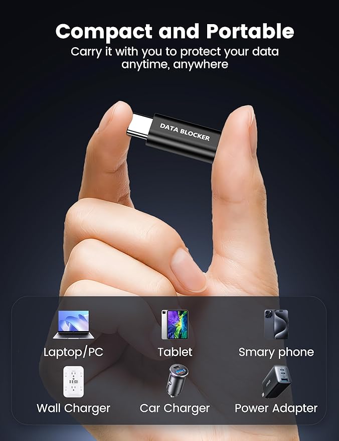 4 Kinds of USB Data Blocker Adapter, USB C Data Blocker for iPhone 15 16 17 and for Android Phone or for ipad, A to A & A to C & C to C & C to A Only for Charge, Protect Against Juice Jacking (Black)