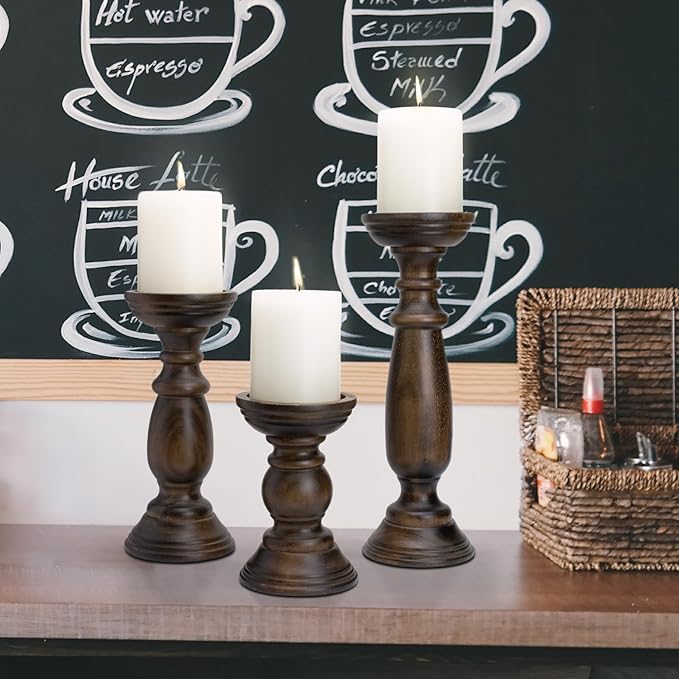 Rustic Wooden Pillar Candle Holders Set of 3, 12'' 9'' 6'' Farmhouse Wood Candle Stand for Table Centerpieces, Vintage Tall Candleholders Fireplace Mantel Decor for Living Room, Dark Brown